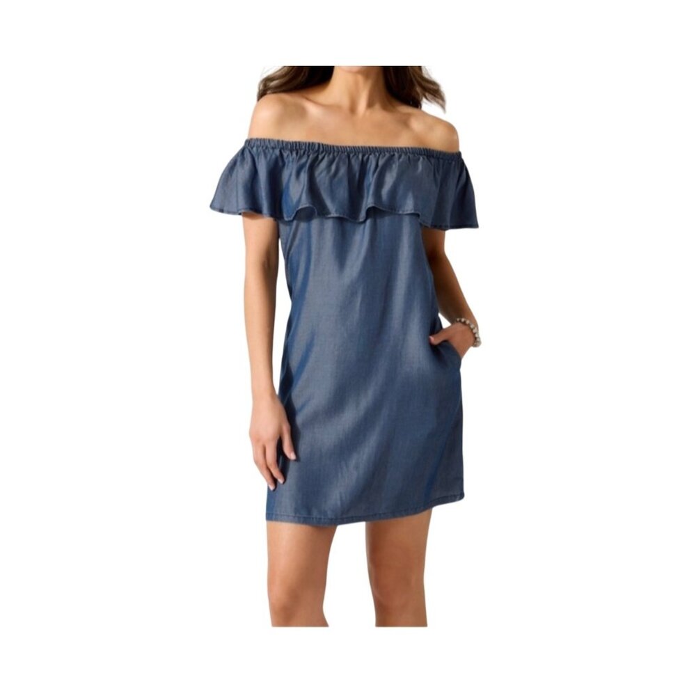 Tommy Bahama Womens Chambray Off-Shoulder Dress Blue Size S Petite